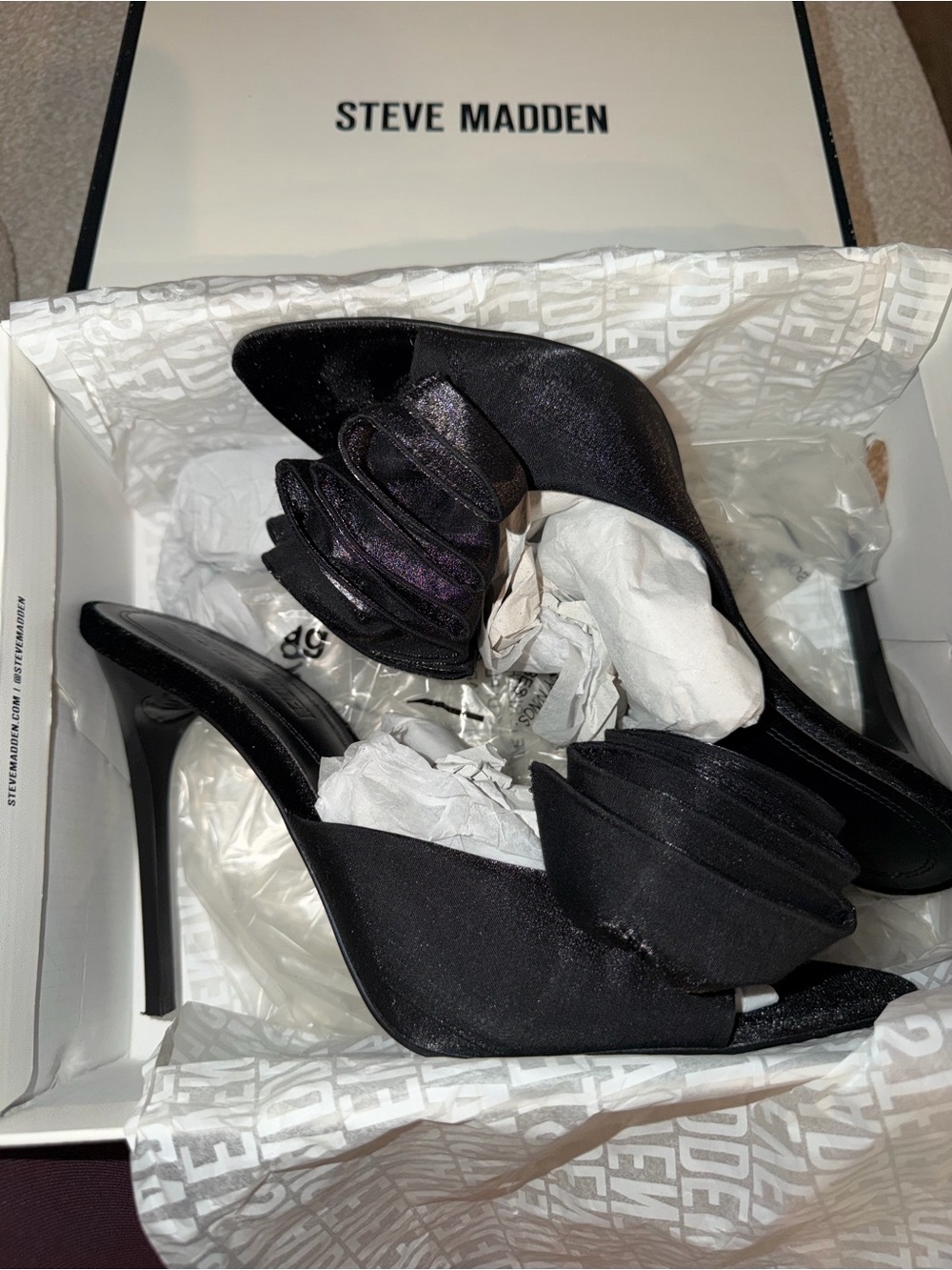 Steve Madden Black Satin Stiletto Mules with Rosette Accent